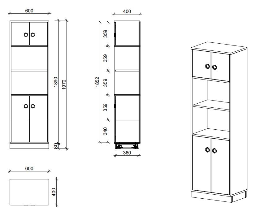 Schrank | Türen, offenes Fach und Türen, 5 OH - Smart | 60 x 197 x 40 cm