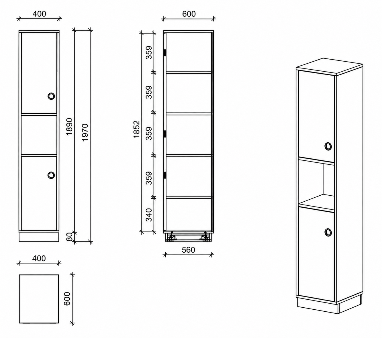 Schrank | mit Türen links und offenem Fach, 5 OH -  basic | 40 x 197 x 60 cm