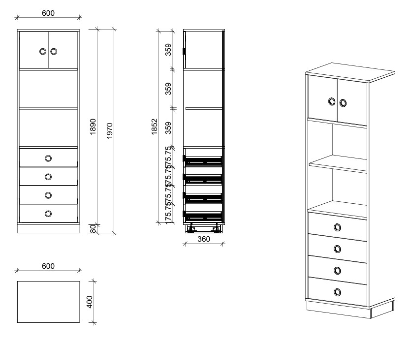 Schrank | mit Schubladen, Regal und Türen, 5 OH - Smart | 60 x 197 x 40 cm