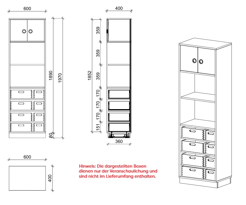Schrank | mit 4 Fachböden, offenen Fächern und Türen, 5 OH - Smart | 60 x 197 x 40 cm