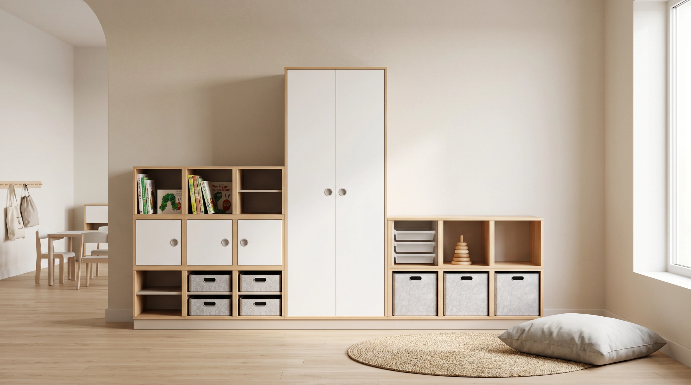 Modulares Stauraumsystem für Kita – kombinierbare Schränke und Regale mit abgestuften Höhen für übersichtliche Nutzung durch Kinder und Erwachsene