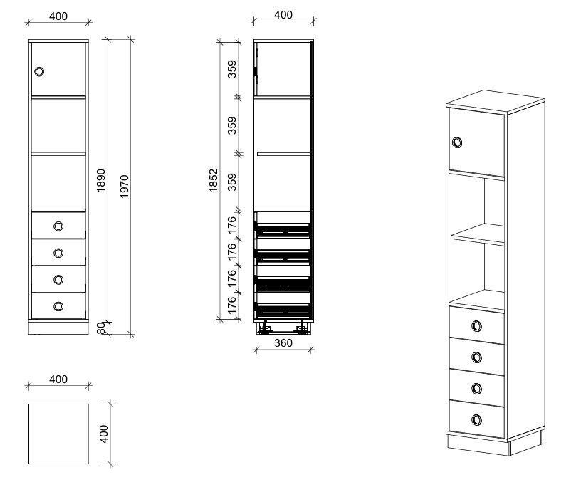 Schrank | mit Schubladen, Regal und Tür rechts, 5 OH - Smart | 40 x 197 x 40 cm