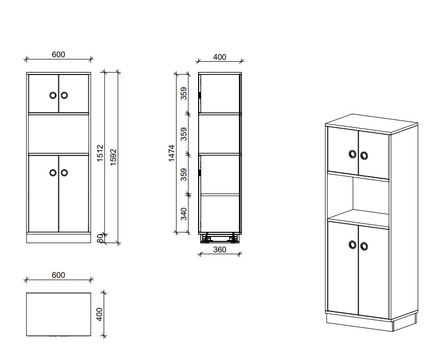 Schrank | Türen geschlossen, offenes Fach und Türen, 4 OH - Smart | 60 x 159 x 40 cm