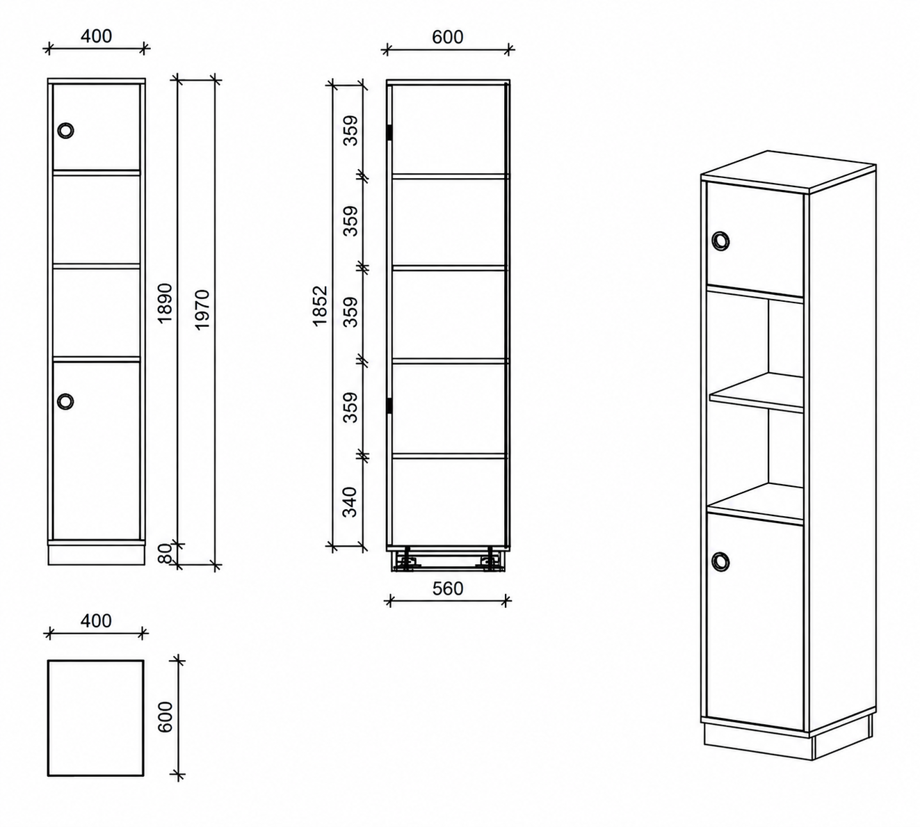 Schrank | mit Türen rechts und offenem Fach, 5 OH -  basic | 40 x 197 x 60 cm