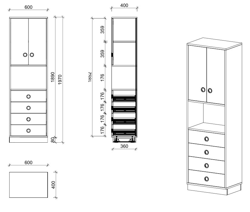 Schrank | mit Schubladen, Regal und Türen, 5 OH - Smart | 60 x 197 x 40 cm